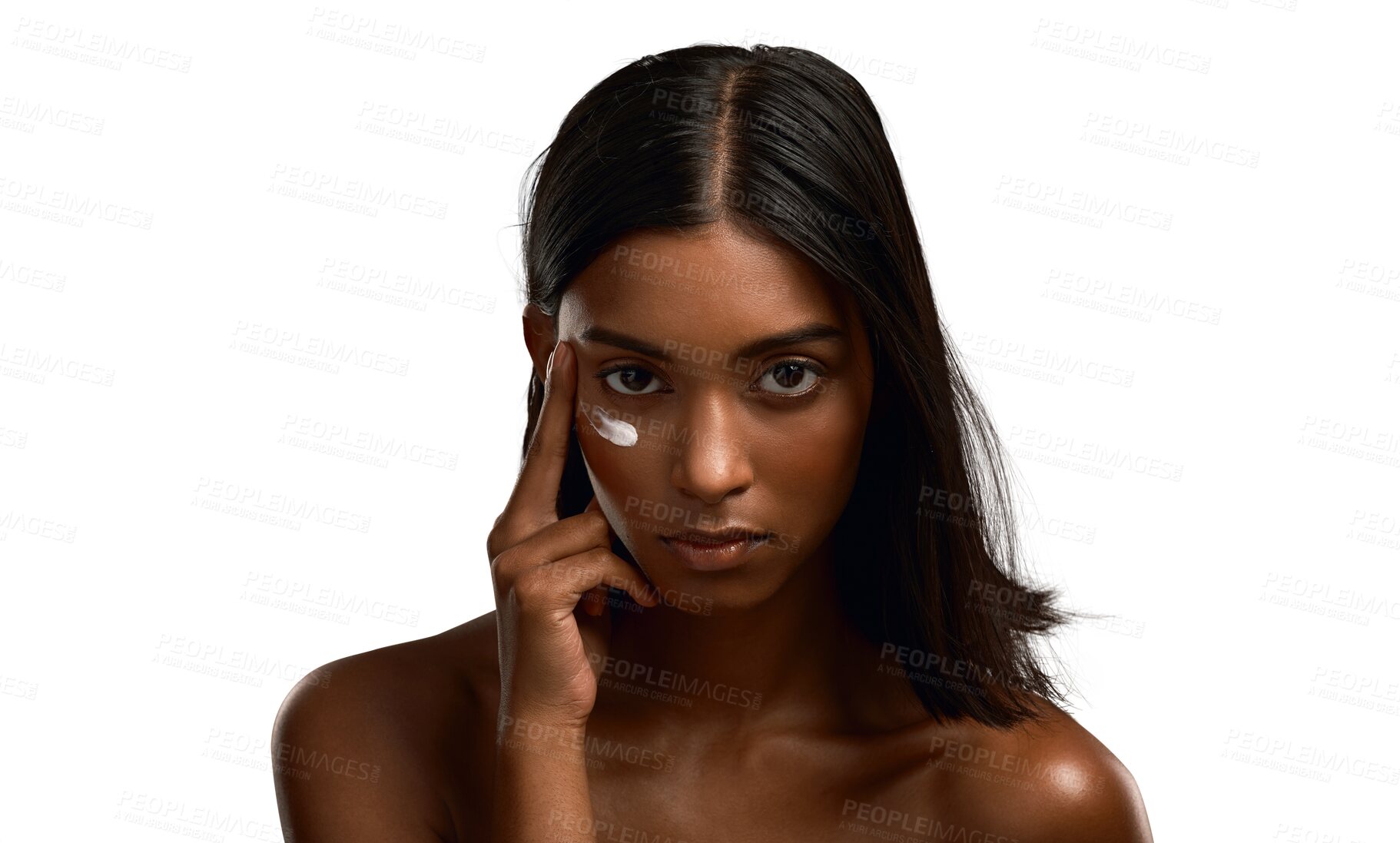 Buy stock photo Portrait, serious or Indian woman with cream, beauty or model isolated against a transparent background. Face, female person and girl with lotion, creme or dermatology with skincare, cosmetics or png