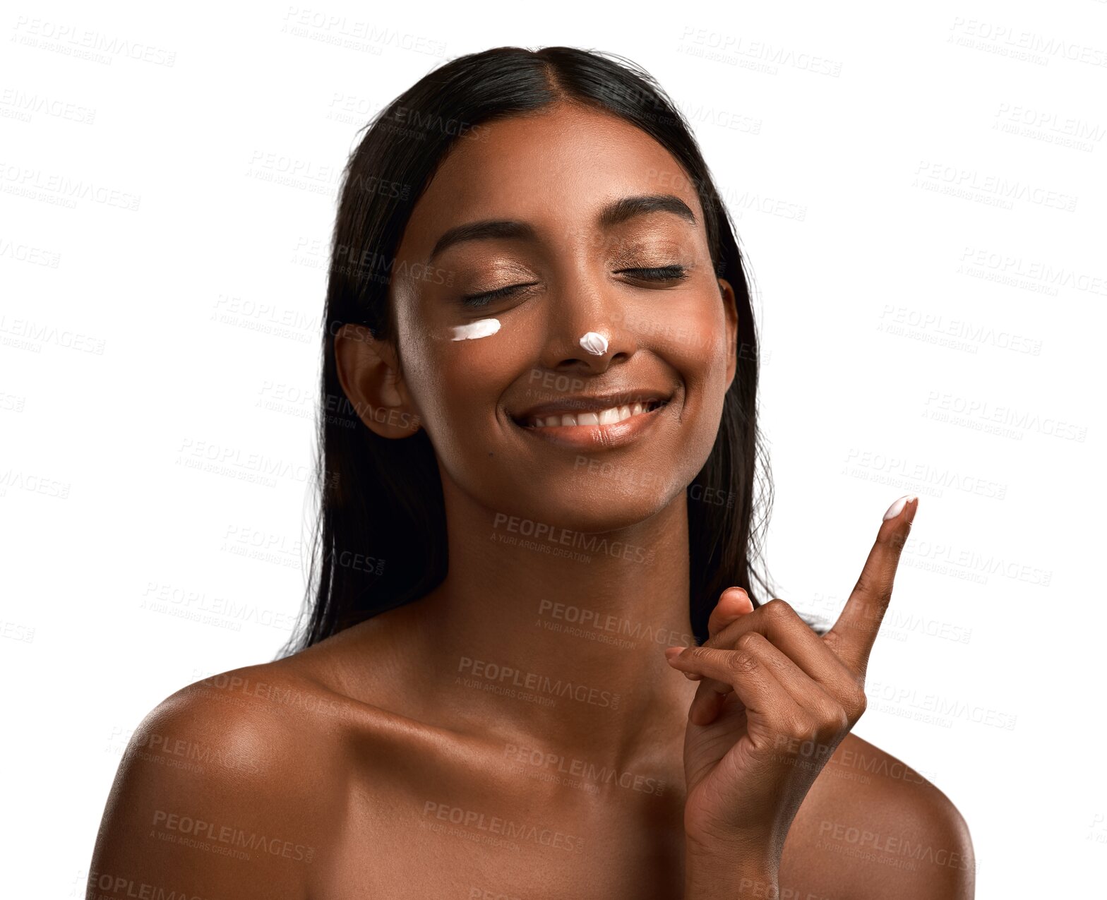 Buy stock photo Smile, cosmetics and Indian woman with cream, dermatology and girl isolated against a transparent background. Female person, lady and model with creme, lotion and beauty product with aesthetic or png
