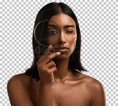 Buy stock photo Magnifying glass, beauty and woman with eye on inspection for healthy skincare, dermatology and facial care on transparent, isolated or png background. Indian, girl and search for cosmetics or makeup