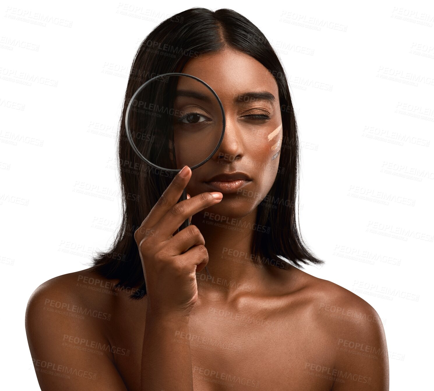 Buy stock photo Magnifying glass, beauty and woman with eye on inspection for healthy skincare, dermatology and facial care on transparent, isolated or png background. Indian, girl and search for cosmetics or makeup