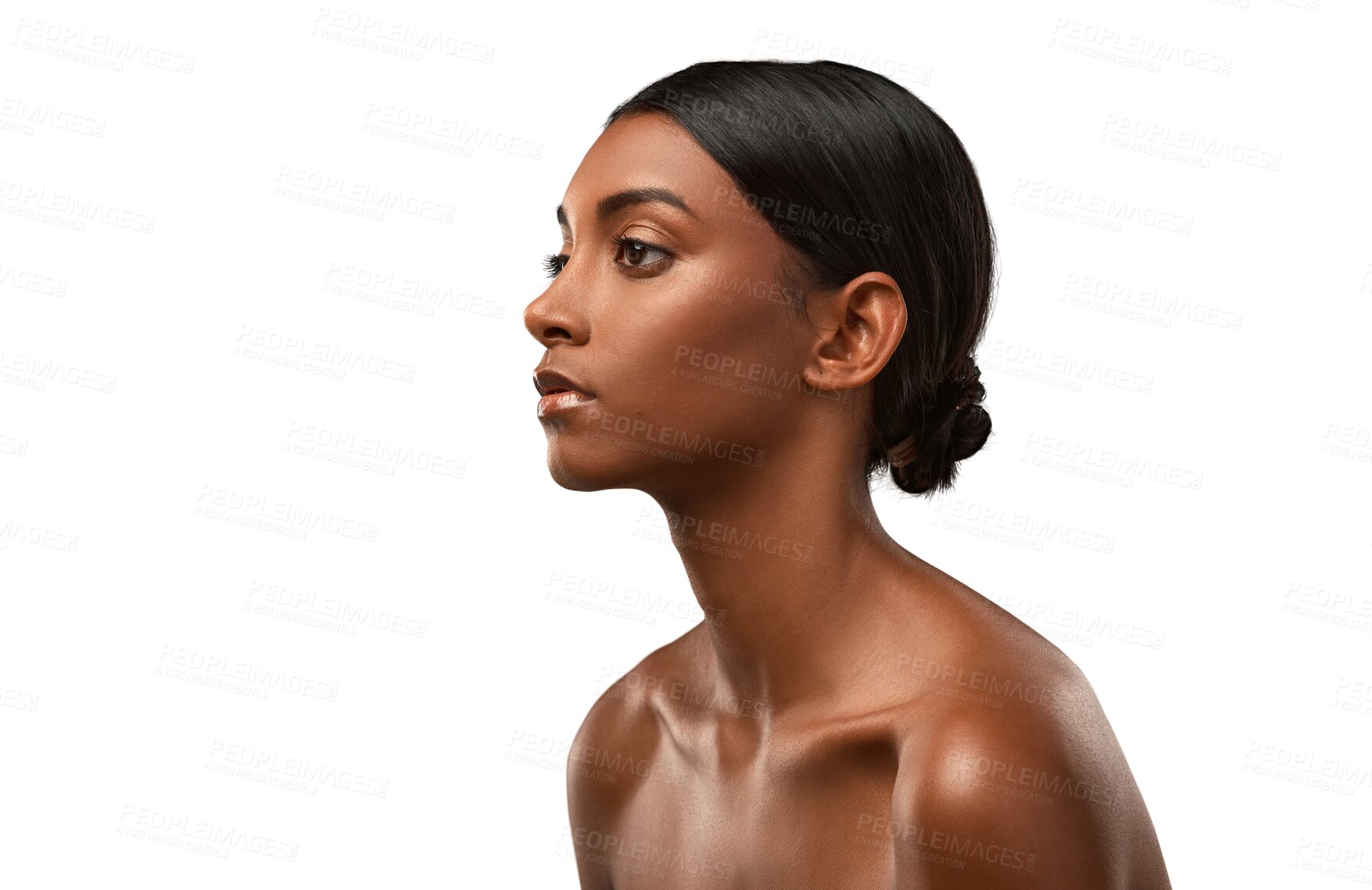 Buy stock photo Skincare, Indian woman and face with beauty, cosmetics or makeup for skin to glow on transparent, isolated or png background. Salon, spa or girl with luxury facial treatment and dermatology care