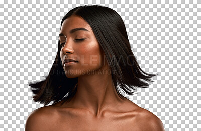 Buy stock photo Indian woman, hair and care for beauty, cosmetics or salon haircare and spa treatment on transparent, isolated or png background. Face, relax with person and clean, natural or healthy hairstyle