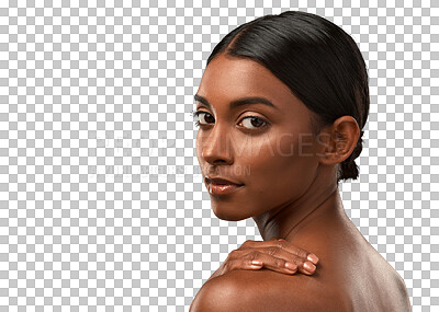 Buy stock photo Beauty, Indian woman and portrait of skincare, dermatology or natural skin glow from cosmetics on transparent, isolated or png background. Wellness, care and girl with healthy facial treatment