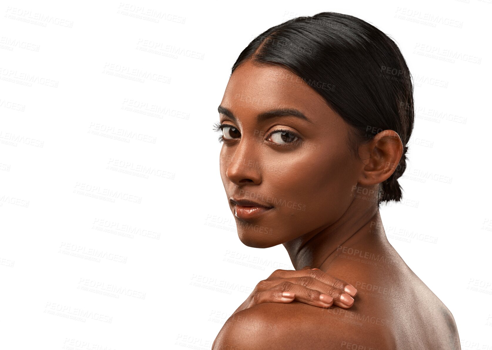 Buy stock photo Beauty, Indian woman and portrait of skincare, dermatology or natural skin glow from cosmetics on transparent, isolated or png background. Wellness, care and girl with healthy facial treatment