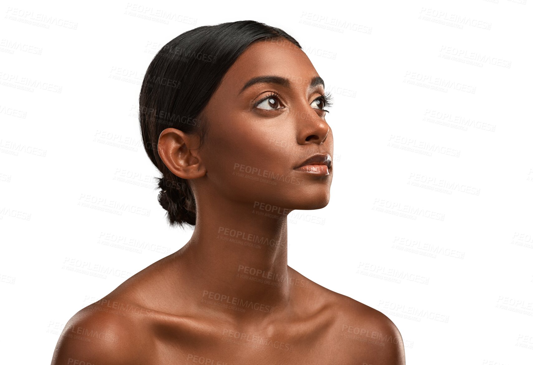 Buy stock photo Indian woman, skincare and face with beauty, cosmetics or makeup for skin to glow on transparent, isolated or png background. Salon, spa or girl with luxury facial treatment and dermatology care