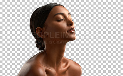 Buy stock photo Indian woman, skincare and face with natural beauty, cosmetics or makeup for skin to glow on transparent, isolated or png background. Salon, spa or girl with facial treatment and dermatology care