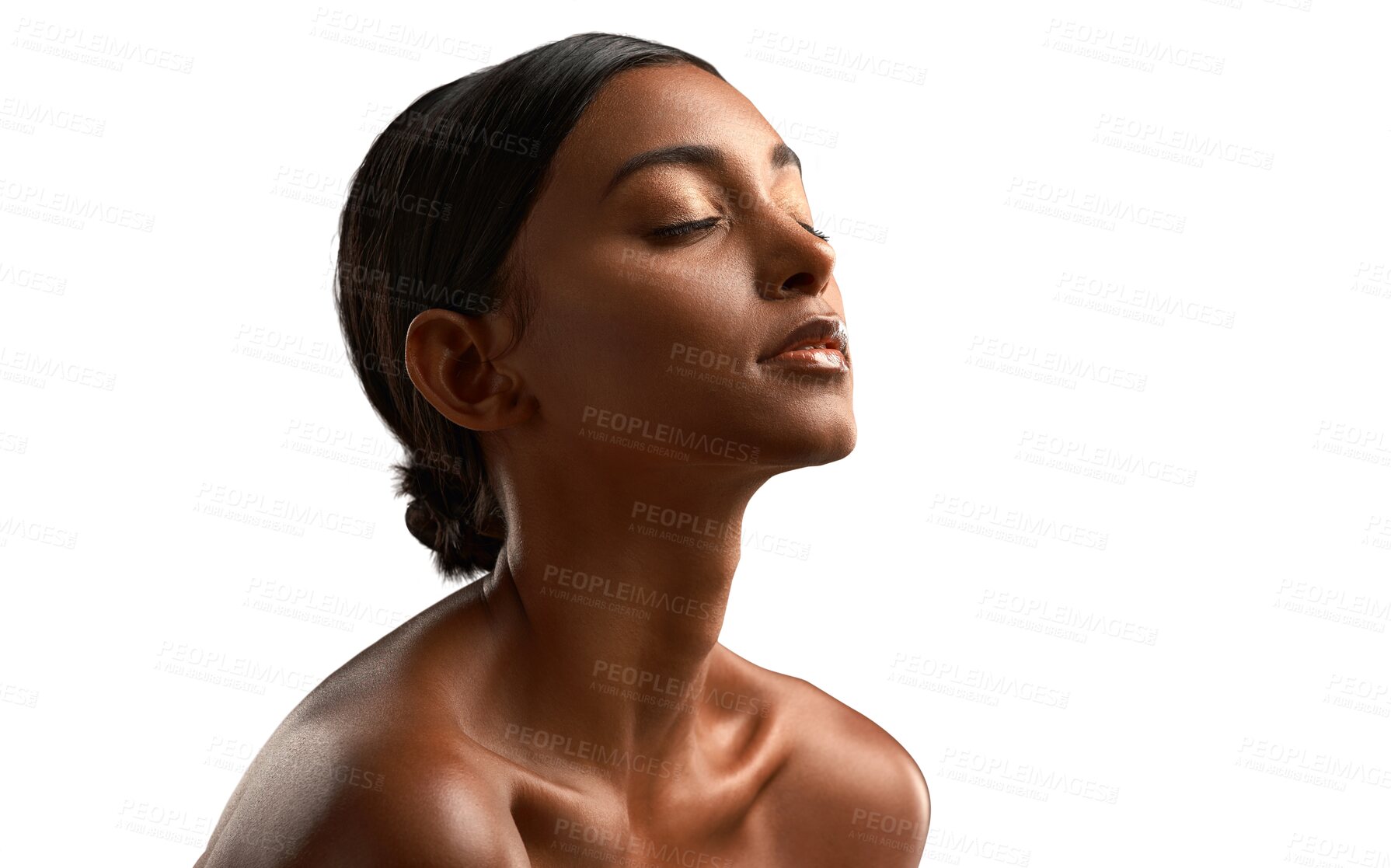 Buy stock photo Indian woman, skincare and face with natural beauty, cosmetics or makeup for skin to glow on transparent, isolated or png background. Salon, spa or girl with facial treatment and dermatology care