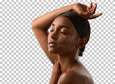 Buy stock photo Face, skincare and Indian woman with makeup, cosmetics and dermatology for natural skin glow on isolated, transparent or png background. Girl, beauty care and hands on head to relax at salon or spa