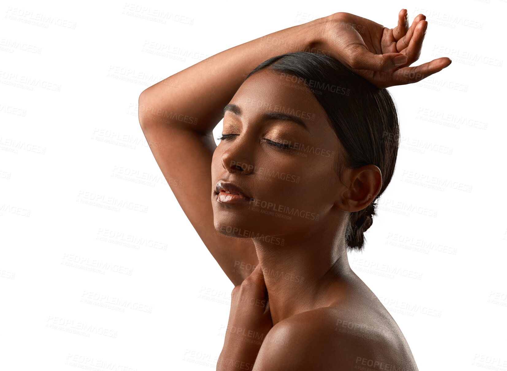 Buy stock photo Face, skincare and Indian woman with makeup, cosmetics and dermatology for natural skin glow on isolated, transparent or png background. Girl, beauty care and hands on head to relax at salon or spa