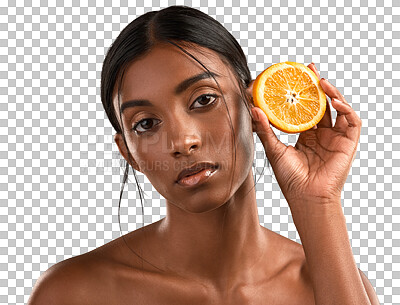 Buy stock photo Skincare, beauty and portrait of woman with orange, fruit or natural and healthy cosmetics for wellness on transparent, isolated or png background. Indian, girl and vitamin c for skin care or facial