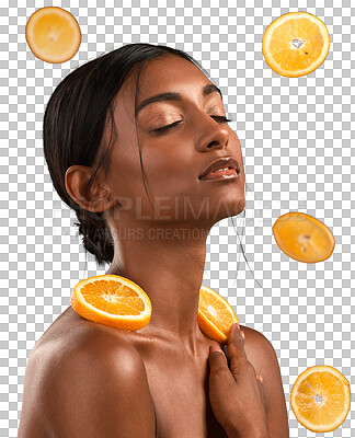 Buy stock photo Fruit, orange and woman with citrus beauty or organic care for a detox isolated in a transparent or png background. Food, health and young healthy female person with nutrition for a natural skin 