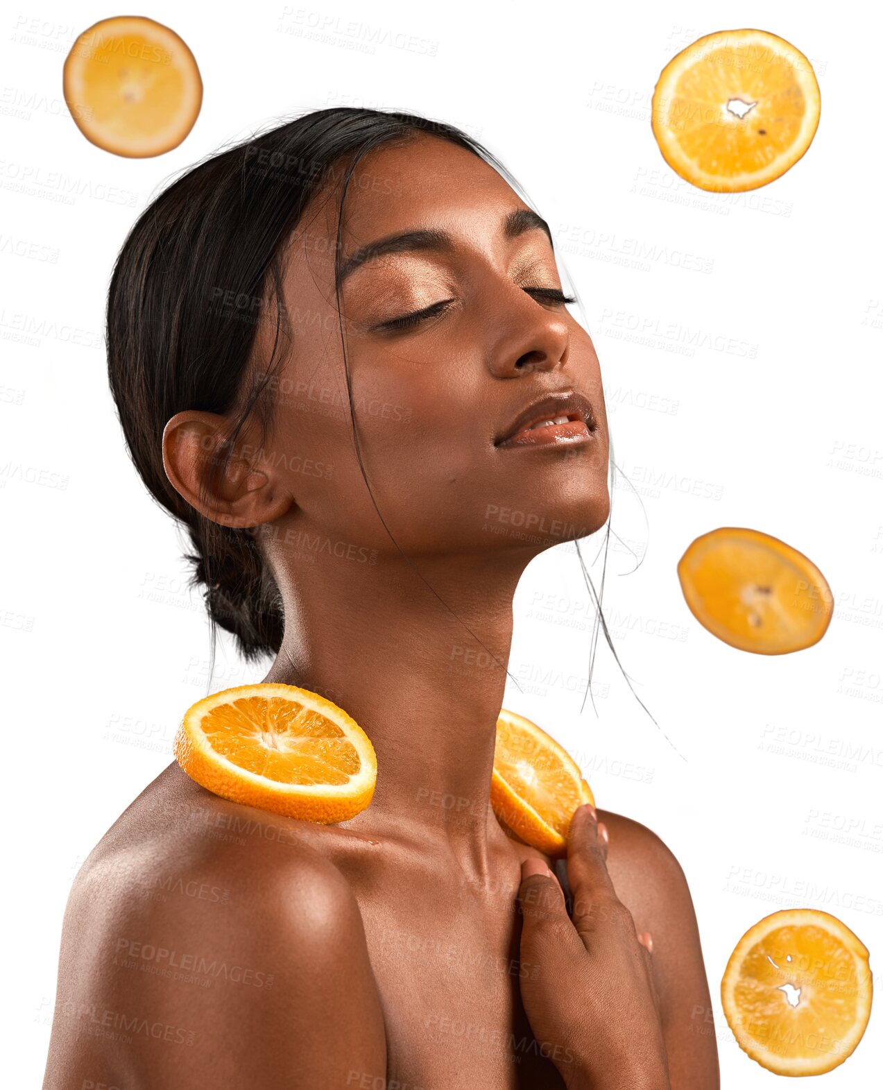 Buy stock photo Fruit, orange and woman with citrus beauty or organic care for a detox isolated in a transparent or png background. Food, health and young healthy female person with nutrition for a natural skin 