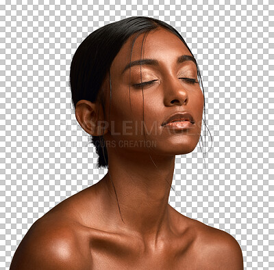 Buy stock photo Beauty, calm and woman with natural makeup, skincare or self care cosmetic face routine. Sensual, glamour and young female model with dermatology glow treatment isolated by transparent png background