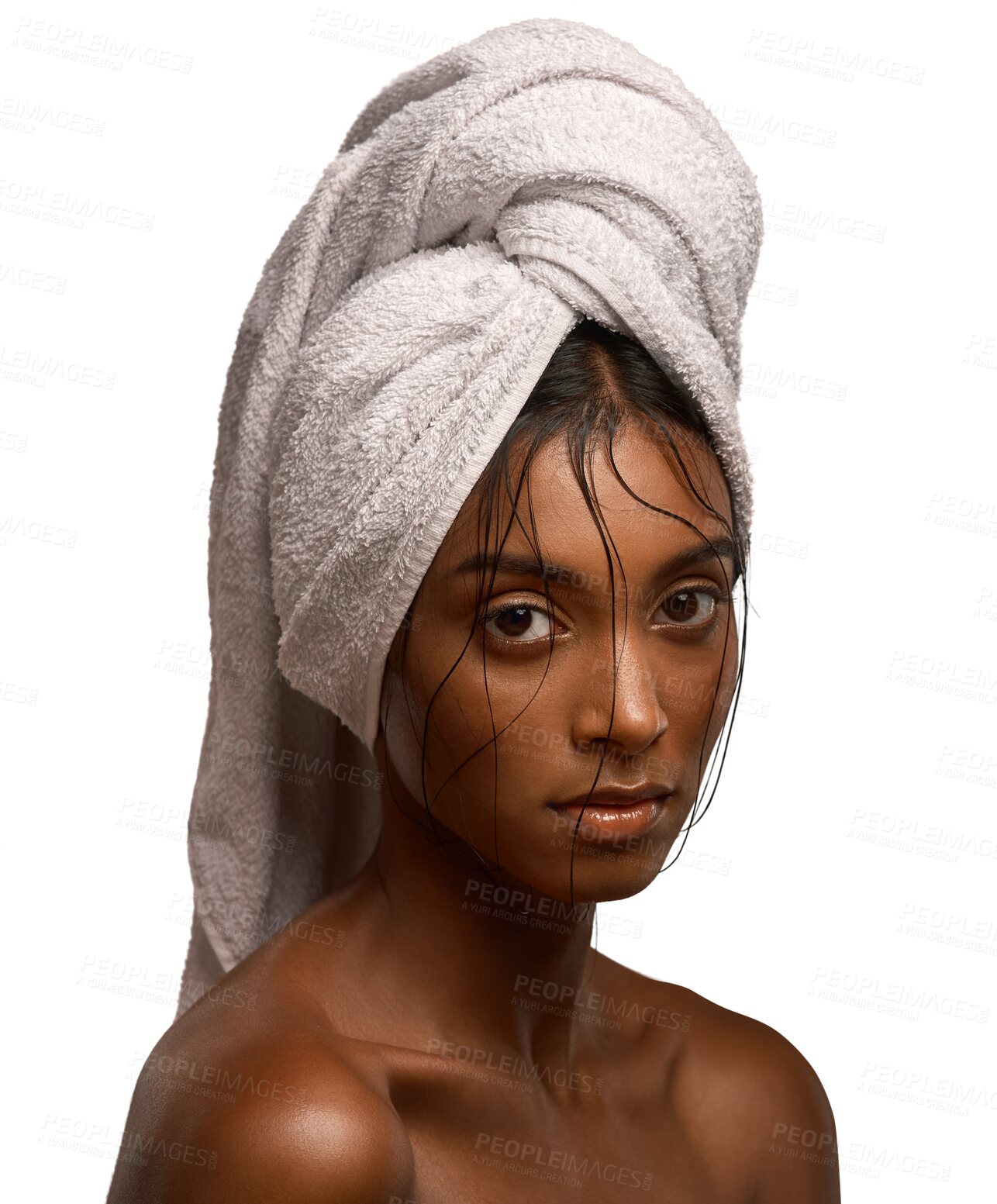 Buy stock photo Portrait, towel and Indian woman with cosmetics, cleaning and girl isolated on a transparent background. Face, female person and model with hair care, hygiene and self care with cotton cloth and png