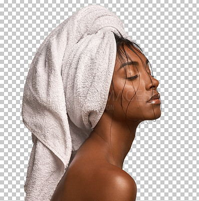 Buy stock photo Woman, salon and skincare hygiene in relax for clean body isolated on a transparent PNG background. Female person or model posing with towel in dry haircare, cleanse or spa treatment for wellness