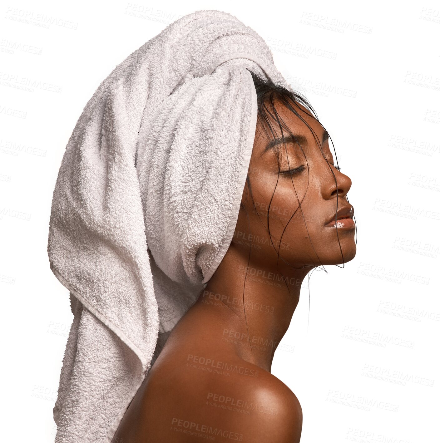 Buy stock photo Woman, salon and skincare hygiene in relax for clean body isolated on a transparent PNG background. Female person or model posing with towel in dry haircare, cleanse or spa treatment for wellness