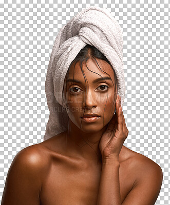 Buy stock photo Towel, self care and portrait of young woman after a shower for natural, health or wellness routine. Hygiene, cosmetic and beautiful female model with body care isolated by transparent png background