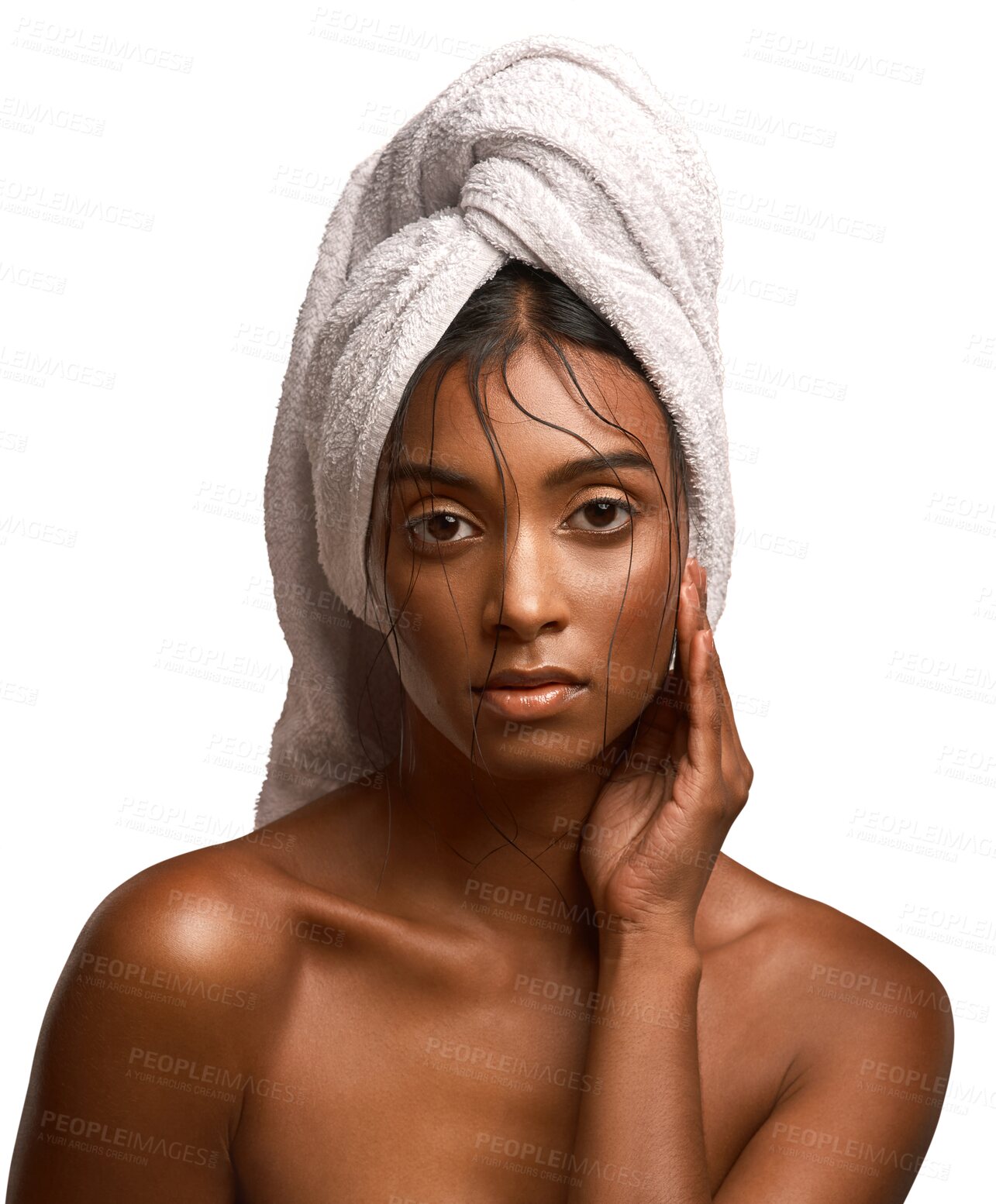 Buy stock photo Towel, self care and portrait of young woman after a shower for natural, health or wellness routine. Hygiene, cosmetic and beautiful female model with body care isolated by transparent png background