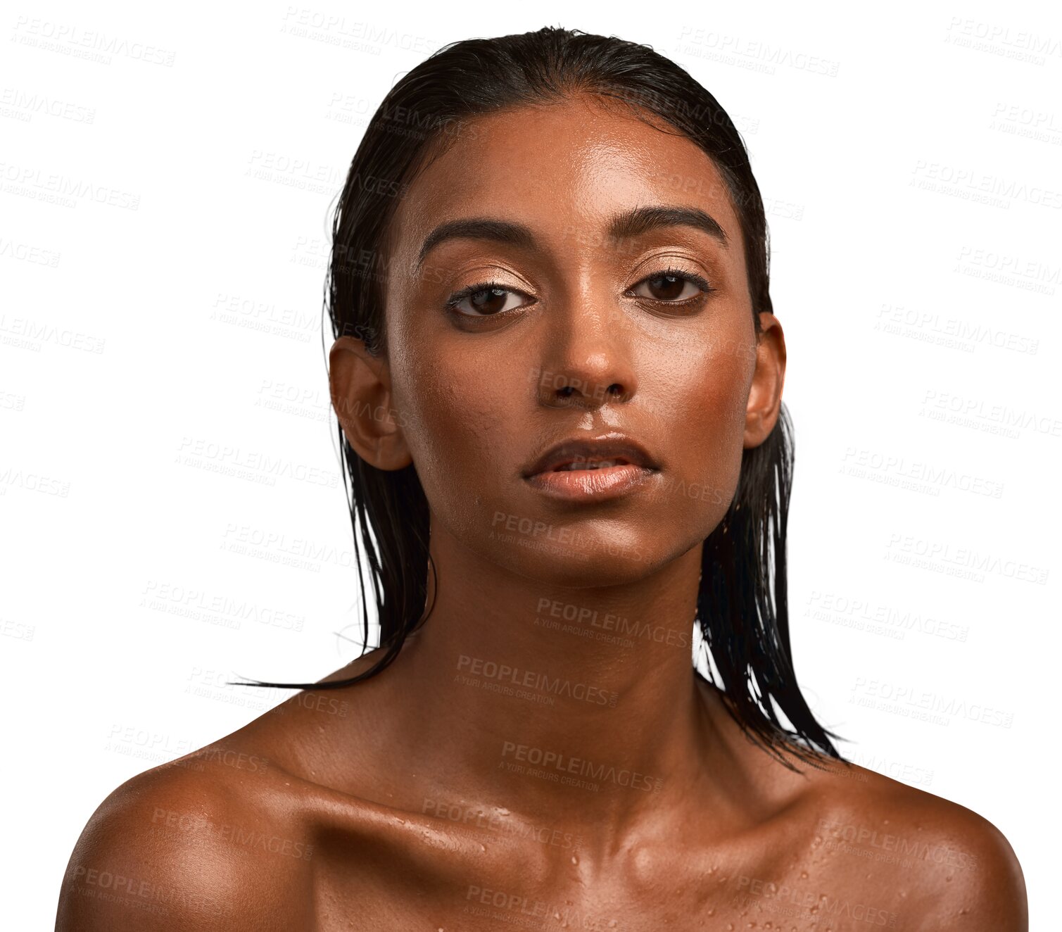 Buy stock photo Portrait, wet and Indian woman with cosmetics, skincare and girl isolated against a transparent background. Face, female person and model cleaning, dermatology and natural with beauty, glow and png