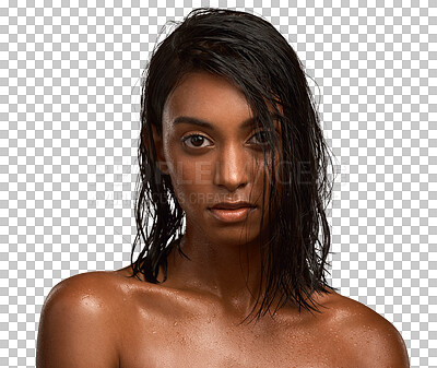 Buy stock photo Portrait, wet and Indian woman with skincare, hygiene and girl isolated against a transparent background. Face, female person and model cleaning, self care and cosmetics with natural beauty and png