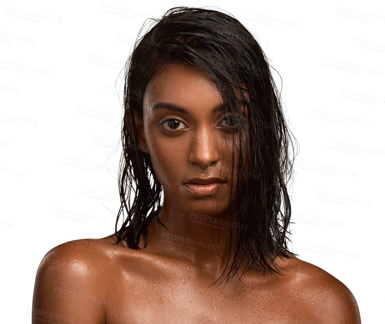 Buy stock photo Portrait, wet and Indian woman with skincare, hygiene and girl isolated against a transparent background. Face, female person and model cleaning, self care and cosmetics with natural beauty and png