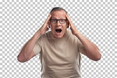 Buy stock photo Senior man, surprise and portrait in wow for news standing isolated on a transparent PNG background. Mature or elderly male person in shock, surprised or OMG for announcement, sale or discount deal