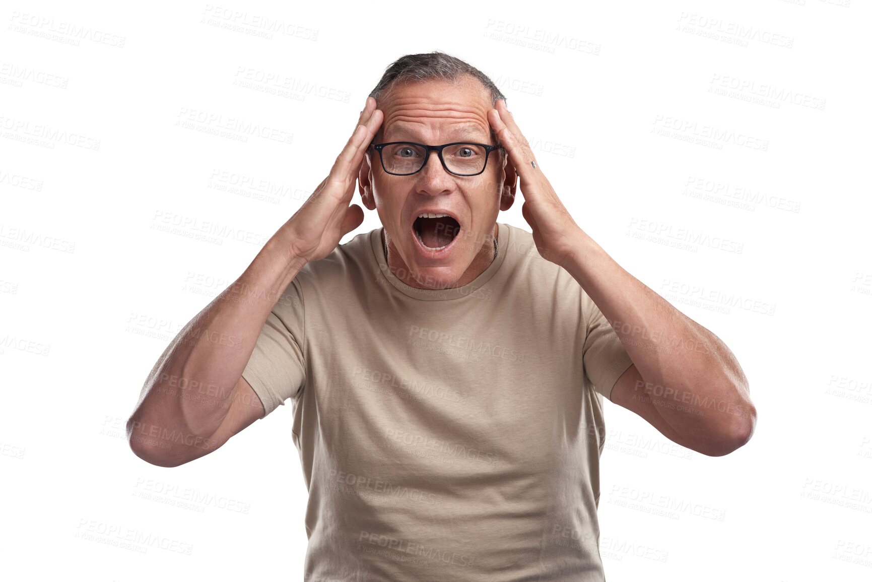 Buy stock photo Senior man, surprise and portrait in wow for news standing isolated on a transparent PNG background. Mature or elderly male person in shock, surprised or OMG for announcement, sale or discount deal