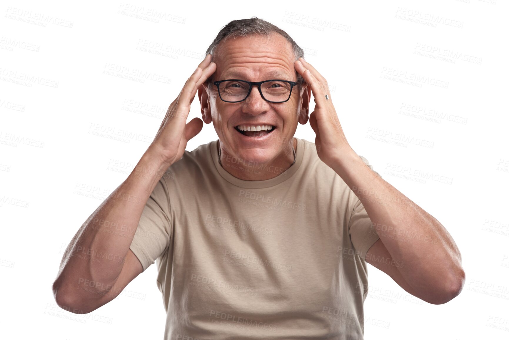 Buy stock photo Happy, smile and portrait of a senior man with a surprise, shock or omg facial expression. Happiness, excited and elderly male model with a wow or wtf face isolated by a transparent png background.