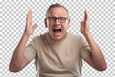 Buy stock photo Surprise, happy and portrait of a mature man with glasses with a wtf, omg or wow facial expression. Happiness, smile and excited male person with a shock face isolated by a transparent png background