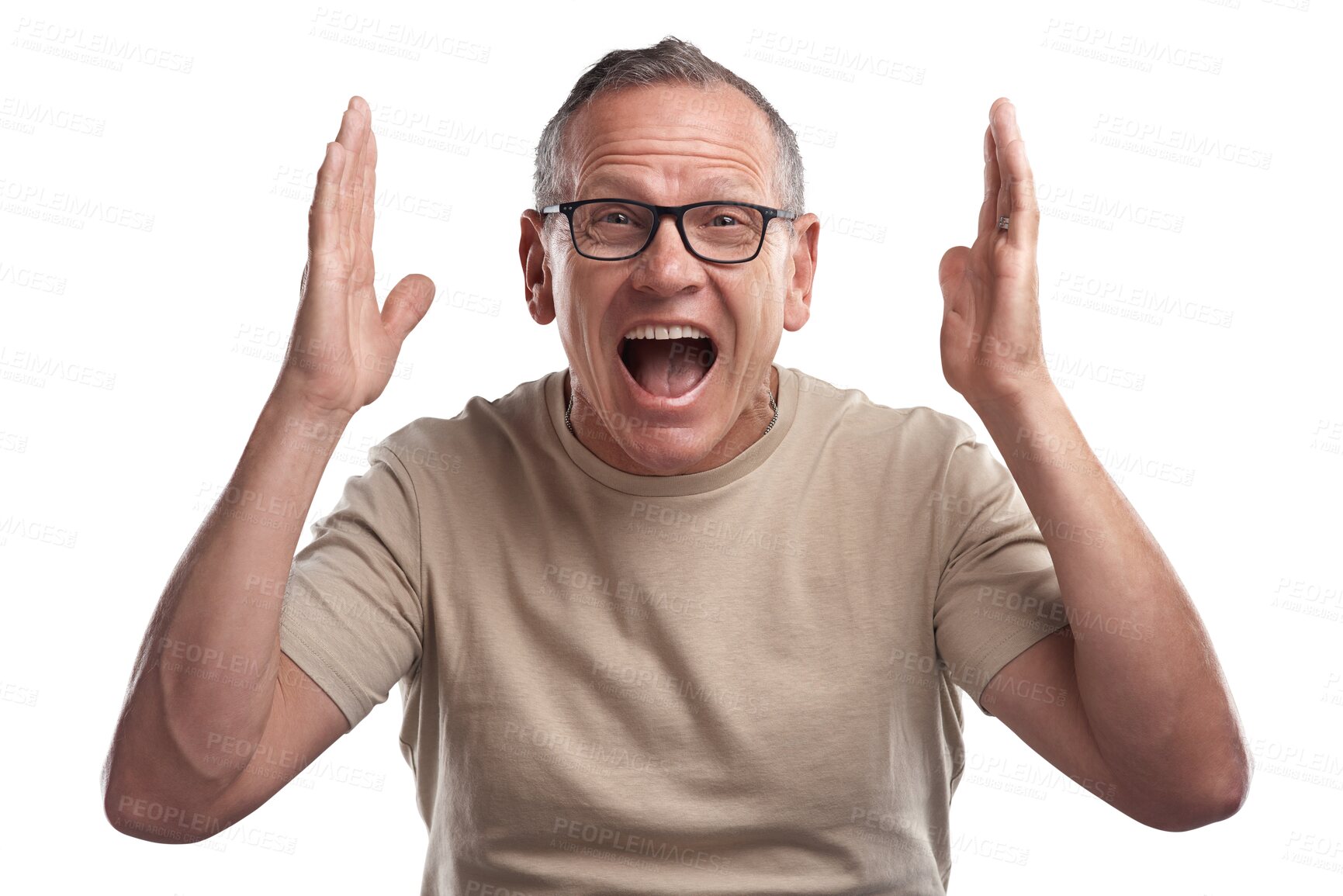 Buy stock photo Surprise, happy and portrait of a mature man with glasses with a wtf, omg or wow facial expression. Happiness, smile and excited male person with a shock face isolated by a transparent png background