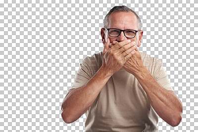 Buy stock photo Laughing, cover mouth and portrait of man with hands on face on isolated, PNG and transparent background. Funny, happy and shy male person with hand gesture for quiet, silent and secret expression