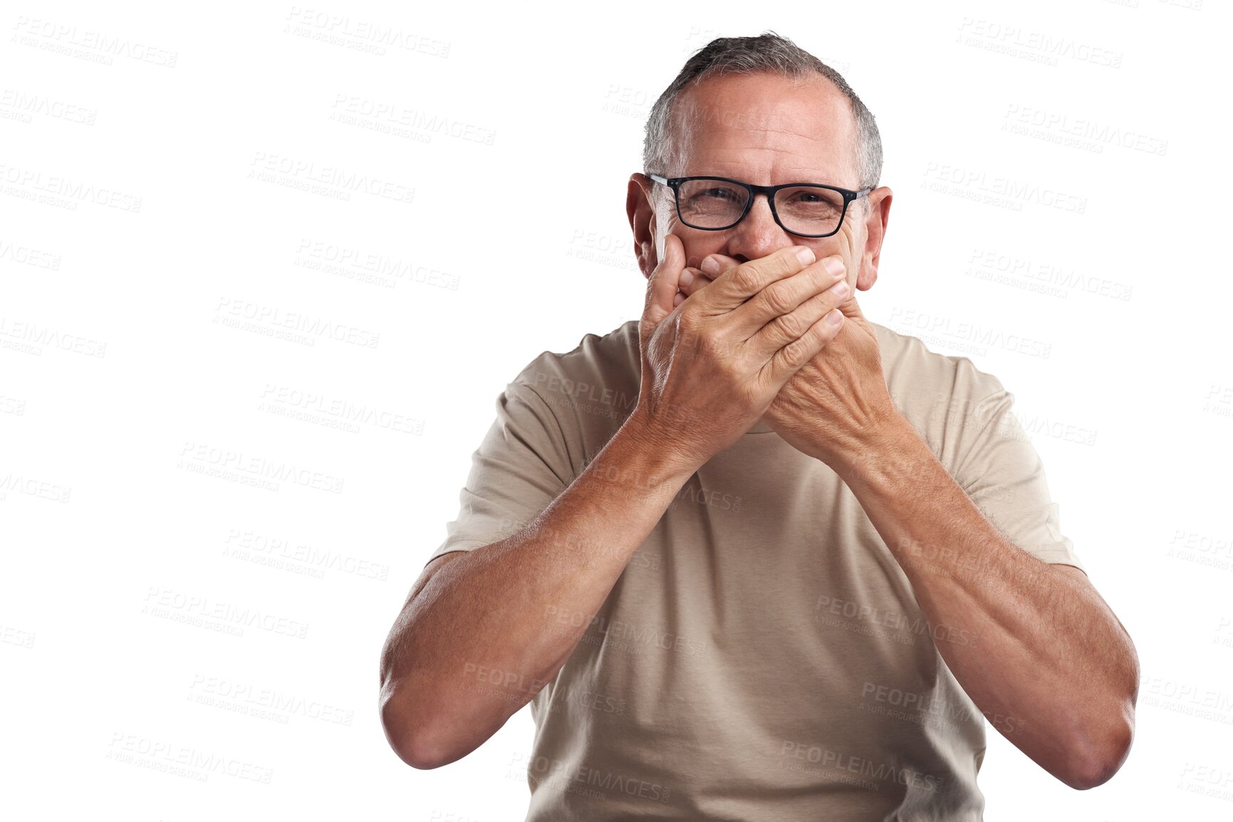 Buy stock photo Laughing, cover mouth and portrait of man with hands on face on isolated, PNG and transparent background. Funny, happy and shy male person with hand gesture for quiet, silent and secret expression