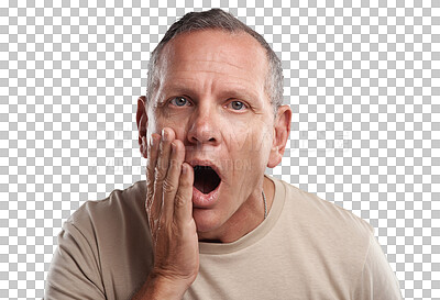 Buy stock photo Shock, portrait of surprised man with hand on face and isolated on transparent png background. Announcement, shocking news and surprise notification, senior person with unexpected information gesture