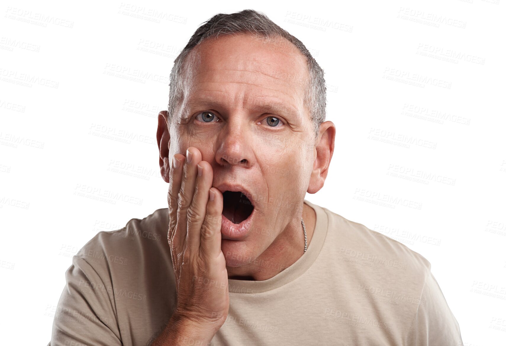 Buy stock photo Shock, portrait of surprised man with hand on face and isolated on transparent png background. Announcement, shocking news and surprise notification, senior person with unexpected information gesture