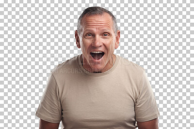 Buy stock photo Happy, excited and portrait of a mature man with a wtf, omg or wow facial expression for a surprise. Happiness, smile and senior male person with a shock face isolated by a transparent png background