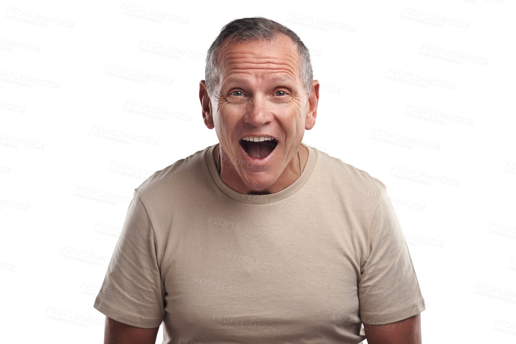 Buy stock photo Happy, excited and portrait of a mature man with a wtf, omg or wow facial expression for a surprise. Happiness, smile and senior male person with a shock face isolated by a transparent png background