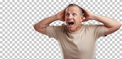 Buy stock photo Shock, portrait of excited man with hands on head and isolated on transparent png background. Announcement, shocking news and surprise notification, senior person with unexpected information gesture