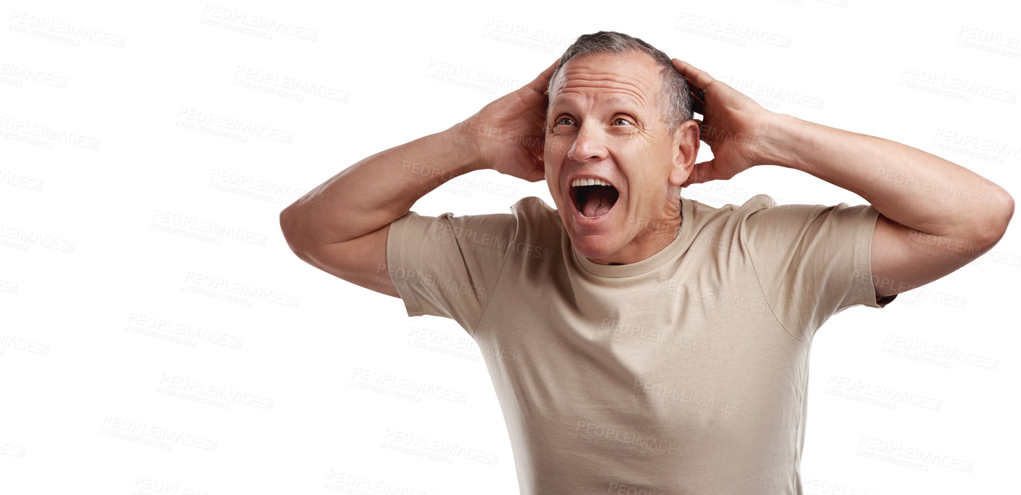 Buy stock photo Shock, portrait of excited man with hands on head and isolated on transparent png background. Announcement, shocking news and surprise notification, senior person with unexpected information gesture