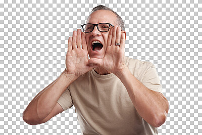 Buy stock photo Senior man, hands and shouting for announcement standing isolated on a transparent PNG background. Elderly or mature male person yelling screaming or shout for advertising, sale alert or discount