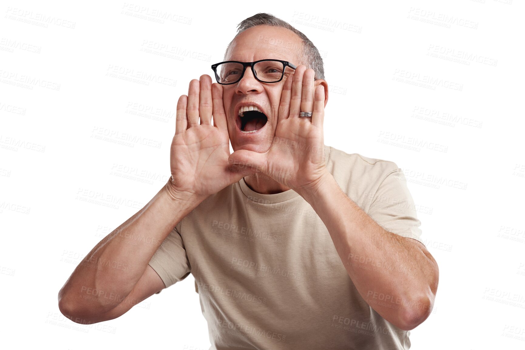 Buy stock photo Senior man, hands and shouting for announcement standing isolated on a transparent PNG background. Elderly or mature male person yelling screaming or shout for advertising, sale alert or discount