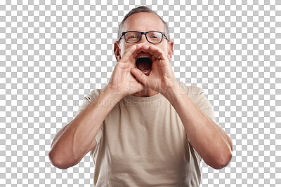 Buy stock photo Portrait, shouting and man with hands on mouth in announcement isolated on transparent png background. News, info and voice, excited senior person screaming, notification and attention to information