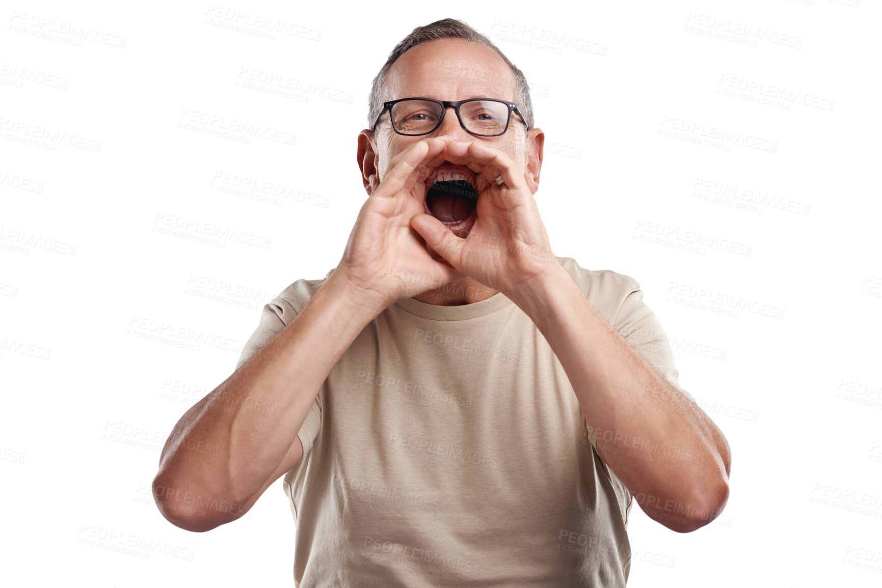 Buy stock photo Portrait, shouting and man with hands on mouth in announcement isolated on transparent png background. News, info and voice, excited senior person screaming, notification and attention to information