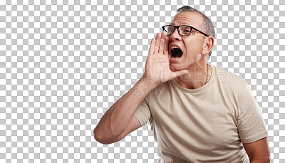 Buy stock photo News, shouting and man with hands on mouth in announcement isolated on transparent png background. Deal, info and voice, frustrated senior person screaming, notification and attention to information.