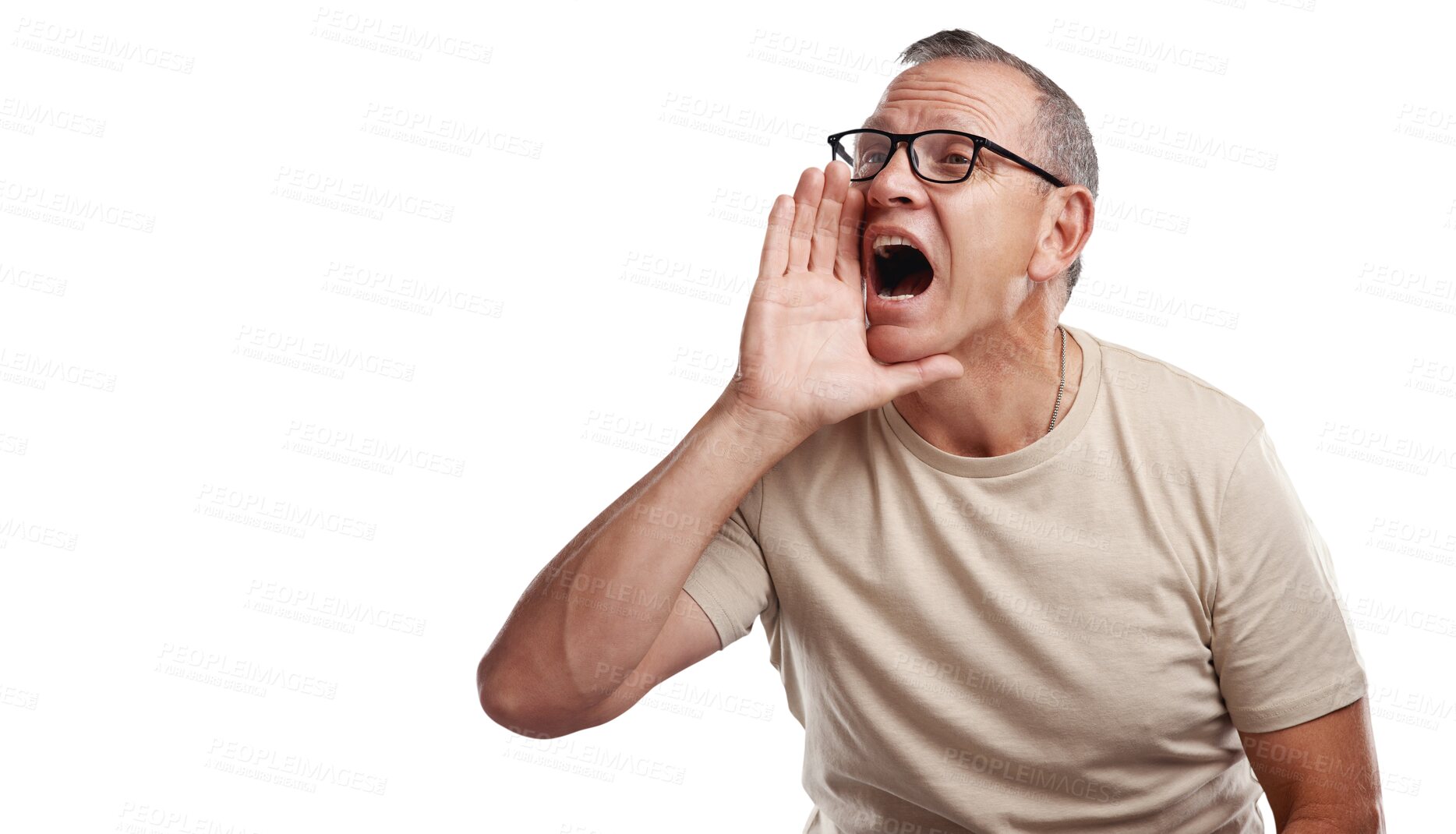 Buy stock photo News, shouting and man with hands on mouth in announcement isolated on transparent png background. Deal, info and voice, frustrated senior person screaming, notification and attention to information.