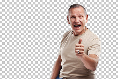 Buy stock photo Senior man, portrait and thumbs up for winning, success or good job isolated on a transparent PNG background. Happy elderly or mature male person with smile and thumb emoji, yes sign or like for win