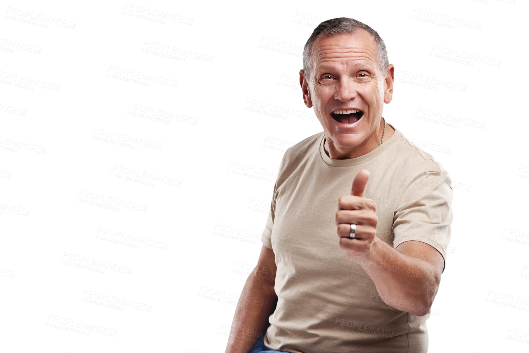 Buy stock photo Senior man, portrait and thumbs up for winning, success or good job isolated on a transparent PNG background. Happy elderly or mature male person with smile and thumb emoji, yes sign or like for win