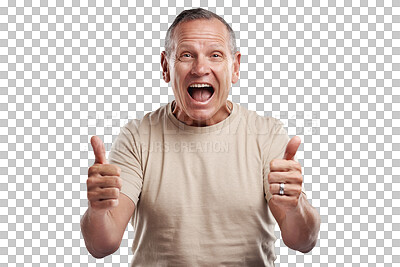 Buy stock photo Senior man, portrait and thumbs up for success, winning or good job isolated on a transparent PNG background. Happy, excited elderly or mature male person smile for win thumb emoji, yes sign or like