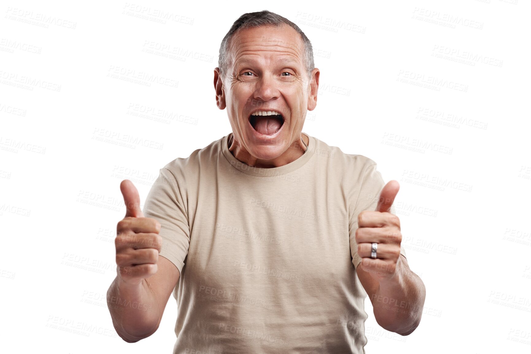 Buy stock photo Senior man, portrait and thumbs up for success, winning or good job isolated on a transparent PNG background. Happy, excited elderly or mature male person smile for win thumb emoji, yes sign or like