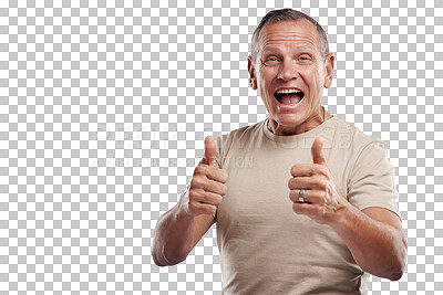 Buy stock photo Senior man, portrait and thumbs up in celebration for success or winning isolated on a transparent PNG background. Happy, excited elderly or male person smile in thumb emoji, yes sign or like for win