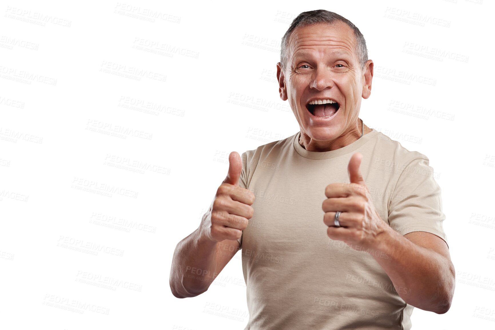 Buy stock photo Senior man, portrait and thumbs up in celebration for success or winning isolated on a transparent PNG background. Happy, excited elderly or male person smile in thumb emoji, yes sign or like for win